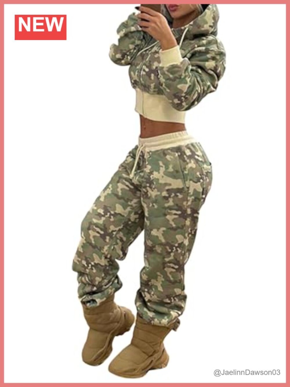 LETSVDO 2 Piece Camo Sweatsuit Crop Zip Hoodie Wide Leg Sweatpants Y2K Set